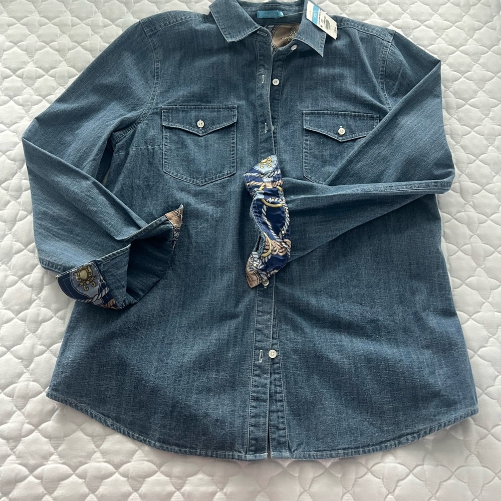 J. McLaughlin Denim Blouse with Navy and Tan Scarf-Print Lining